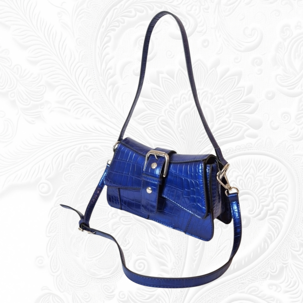 MW Cobalt Blue Faux Crocodile Shoulder Bag | Silver Hardware Buckle | Y2K Style